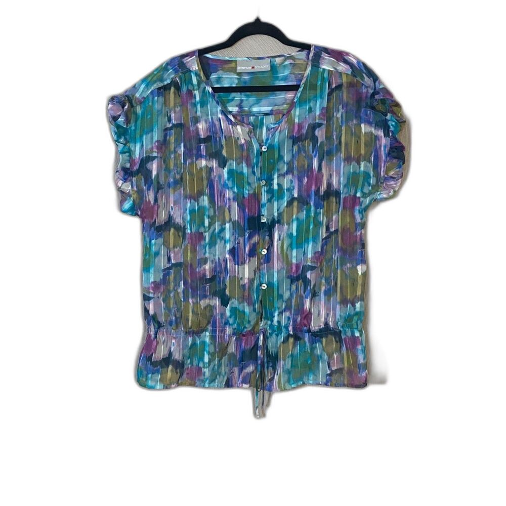 Avenue Studio Women's Sheer Watercolor Blouse Flutter Sleeve Size 14/16
